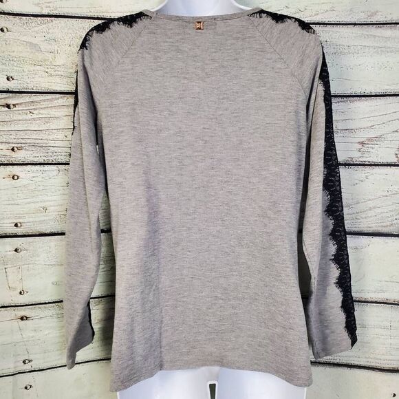 Ivanka Trump Women’s Grey Long Sleeve Top Black Lace Trim Size Small - Picture 6 of 8
